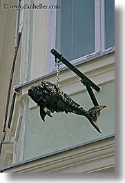 arts, bronze, europe, fish, hangings, ljubljana, sculptures, slovenia, vertical, photograph