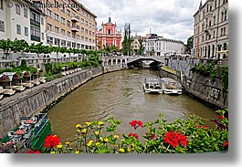 boats, buildings, cities, europe, flowers, horizontal, ljubljana, river bank, rivers, slovenia, photograph