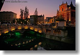 bridge, dusk, europe, horizontal, ljubljana, over, slovenia, towns, water, photograph