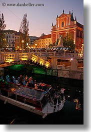 boats, bridge, dusk, europe, ljubljana, over, slovenia, towns, vertical, water, photograph