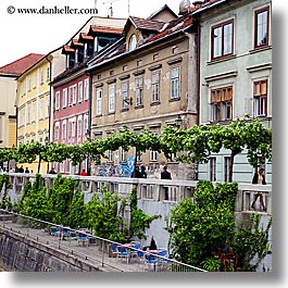 buildings, cities, europe, ivy, ljubljana, riverbank, slovenia, square format, towns, photograph