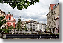bridge, buildings, cities, europe, flowers, horizontal, leaves, ljubljana, slovenia, towns, photograph