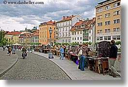 cities, clouds, europe, horizontal, ljubljana, sidewalks, slovenia, streets, towns, vendors, photograph