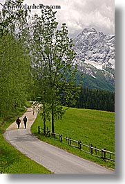 europe, hikers, hiking, logarska dolina, mountains, roads, slovenia, snowcaps, vertical, photograph