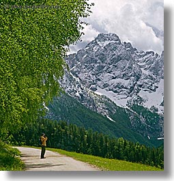 europe, hikers, hiking, logarska dolina, mountains, photographers, roads, slovenia, snowcaps, square format, photograph
