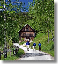 barn, europe, hikers, hiking, logarska dolina, slovenia, vertical, photograph