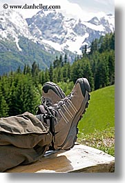 europe, feet, hiking, logarska dolina, mountains, shoes, slovenia, snowcaps, vertical, photograph