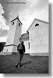barry, black and white, churches, clouds, europe, hikers, hiking, logarska dolina, men, religious, scenics, slovenia, vertical, photograph