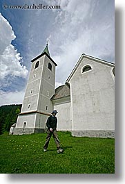 barry, churches, clouds, europe, hikers, hiking, logarska dolina, men, religious, scenics, slovenia, vertical, photograph