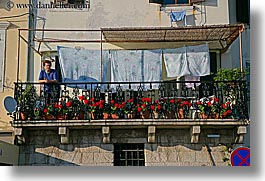 clothes, europe, flowers, hangings, horizontal, laundry, pirano, slovenia, windows, womens, photograph