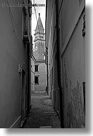 alleys, bell towers, black and white, cobblestones, europe, narrow streets, pirano, slovenia, vertical, photograph