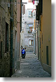 blues, cobblestones, europe, motorcycles, narrow streets, pirano, slovenia, vertical, photograph