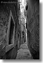 alleys, black and white, cobblestones, europe, narrow, narrow streets, pirano, slovenia, vertical, photograph