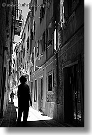 alleys, black and white, europe, narrow streets, people, pirano, silhouettes, slovenia, vertical, walk, walking, photograph