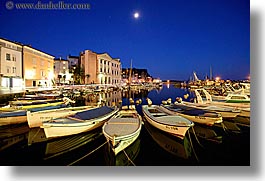 boats, churches, cityscapes, europe, harbor, horizontal, long exposure, moon, nite, pirano, slovenia, photograph