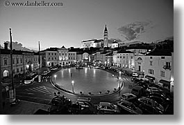 black and white, churches, cityscapes, europe, horizontal, nite, piazza, pirano, slovenia, slow exposure, photograph