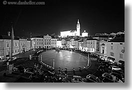 bell towers, black and white, churches, cityscapes, europe, horizontal, long exposure, nite, piazza, pirano, slovenia, photograph