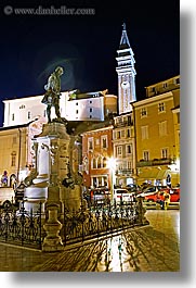 bell towers, churches, cityscapes, europe, long exposure, nite, piazza, pirano, slovenia, statues, vertical, photograph