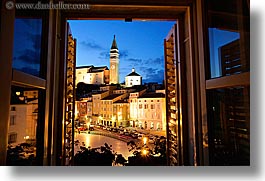bell towers, churches, cityscapes, europe, horizontal, long exposure, nite, piazza, pirano, slovenia, windows, photograph