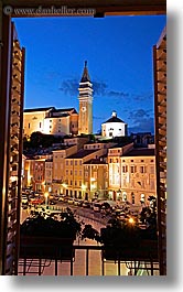 bell towers, churches, cityscapes, europe, long exposure, nite, piazza, pirano, slovenia, vertical, windows, photograph