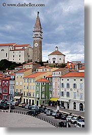 bell towers, clouds, europe, piazza, pirano, slovenia, vertical, photograph