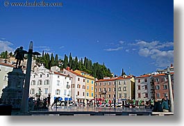 europe, horizontal, piazza, pirano, silhouettes, slovenia, statues, photograph