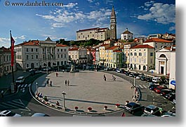 bell towers, cityscapes, clouds, europe, horizontal, overview, piazza, pirano, slovenia, photograph