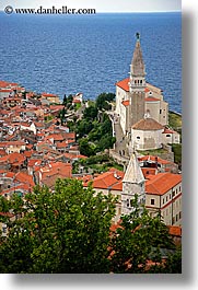 bell towers, churches, cities, cityscapes, europe, ocean, piran, pirano, slovenia, town view, vertical, water, photograph