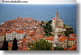 bell towers, churches, cities, cityscapes, europe, horizontal, ocean, piran, pirano, slovenia, town view, water, photograph
