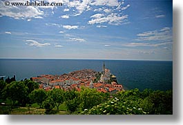 cities, cityscapes, distant, europe, horizontal, ocean, piran, pirano, slovenia, town view, views, water, photograph