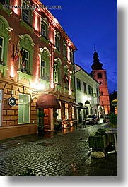 buildings, europe, hotels, long exposure, nite, ptuj, slovenia, towns, vertical, photograph