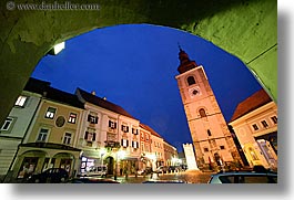 archways, bell towers, buildings, europe, horizontal, long exposure, nite, ptuj, slovenia, towns, photograph