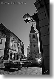 black and white, cobblestones, europe, lamp posts, ptuj, slovenia, towns, vertical, photograph
