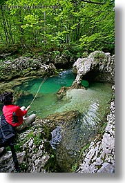 europe, fishing, forests, lush, rivers, rushing, slovenia, triglavski narodni park, vertical, womens, photograph
