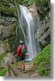 europe, hikers, lush, men, slovenia, slow exposure, triglavski narodni park, vertical, watching, waterfalls, photograph