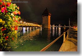 bridge, covered, covered bridge, europe, flowers, horizontal, lucerne, nite, structures, switzerland, towns, photograph